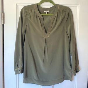 Joie olive silk blouse with gold accents